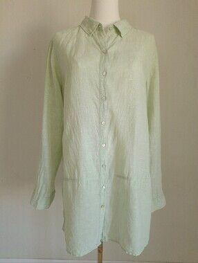 Tahari 100% Linen Longsleeve Tunic Length Shirt With Roll-tab Sleeves